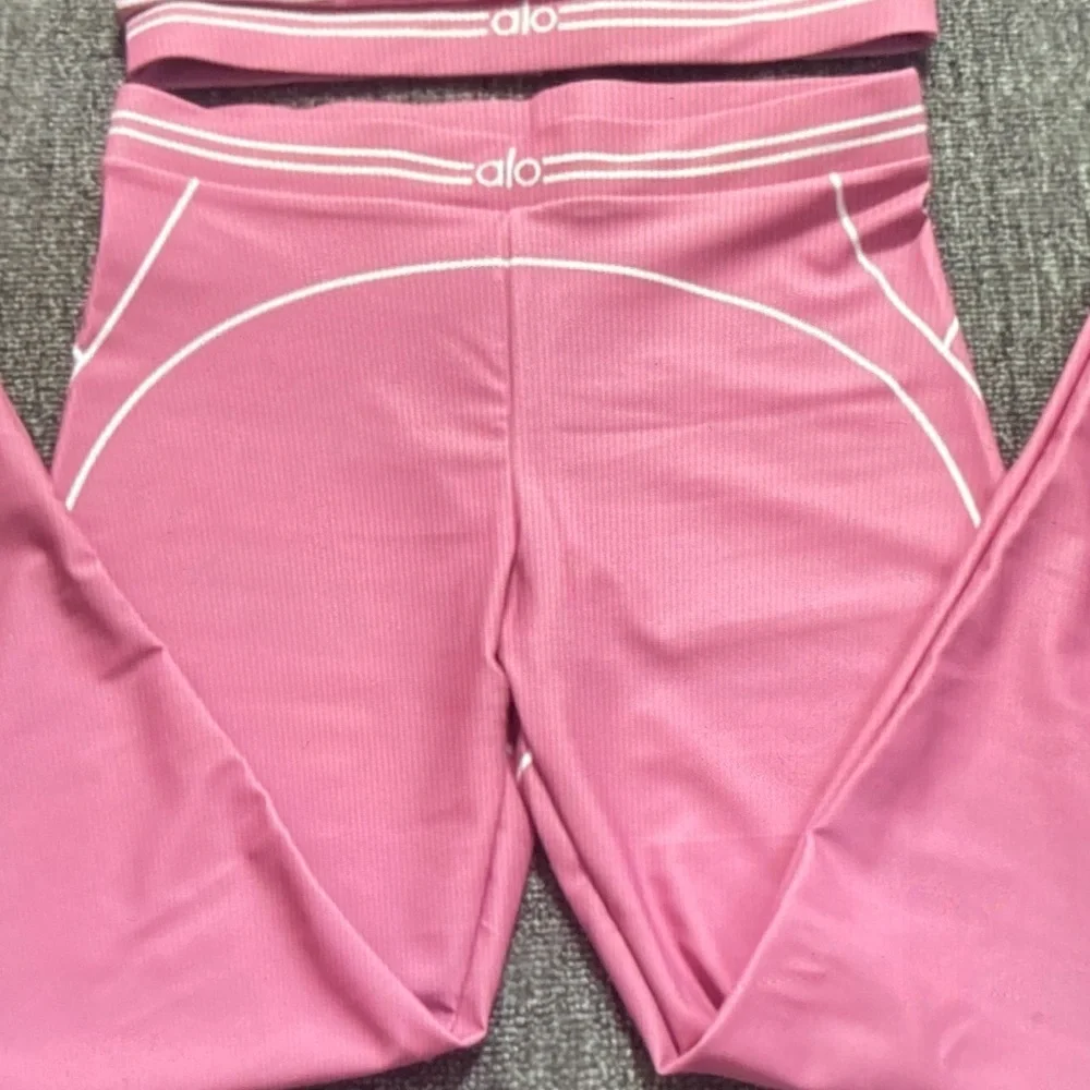 ALO Yoga Pink Ribbed Sports Bra and Leggings Set